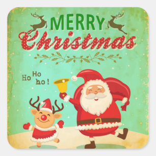 Sticker Carré Vintage Joyeux Noël Daning Père Noël et Reindeer.
