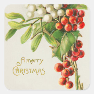 Sticker Carré Vintage Joyeux Noël Rouge & Blanc Baies-Baies Holl