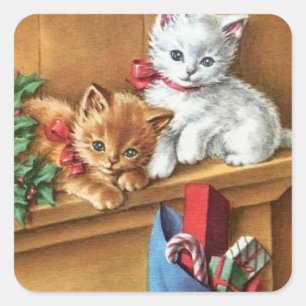 Sticker Carré Vintage Kitties De Noël Sur Mantle