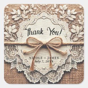 Sticker Carré Vintage Lace & Burlap Twine Rustique Mariage