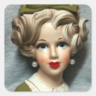 Sticker Carré Vintage Lady Head Vase Ado Girl Cheveux Tourbillon