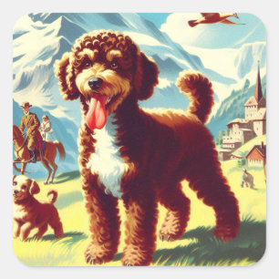 Sticker Carré Vintage Lagotto Romagnolo Peinture de chien