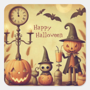 Sticker Carré Vintage, lunatique Halloween citrouilles & chauves