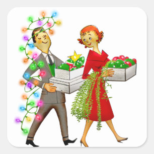 Sticker Carré Vintage Noël 1950 Couple