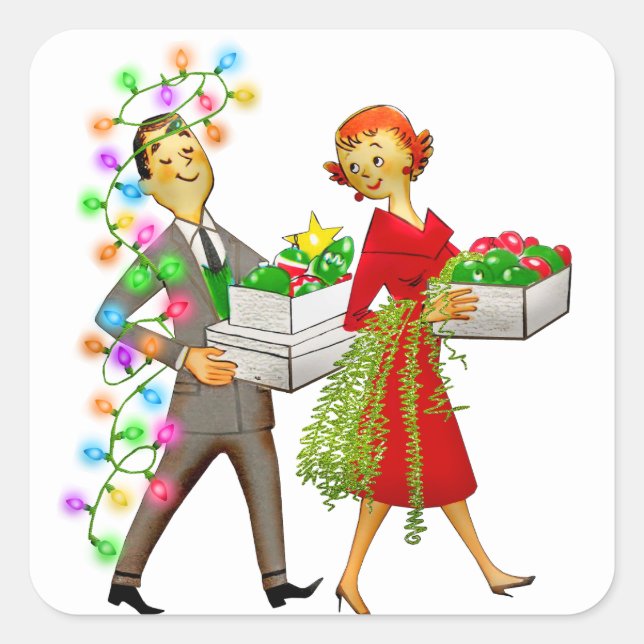 Sticker Carré Vintage Noël 1950 Couple (Devant)