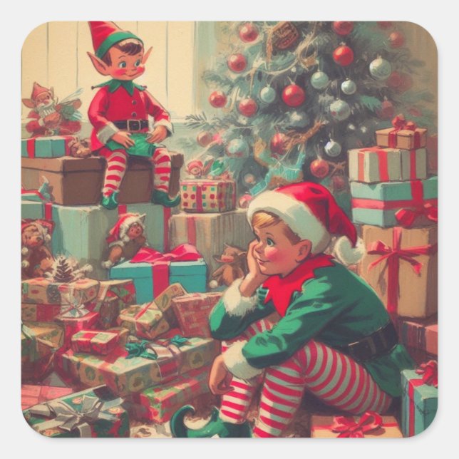 Sticker Carré Vintage Noël elfes Retro Holiday (Devant)