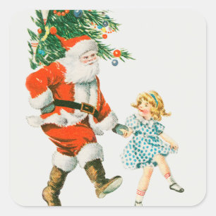Sticker Carré Vintage Noël Père Noël et petite fille