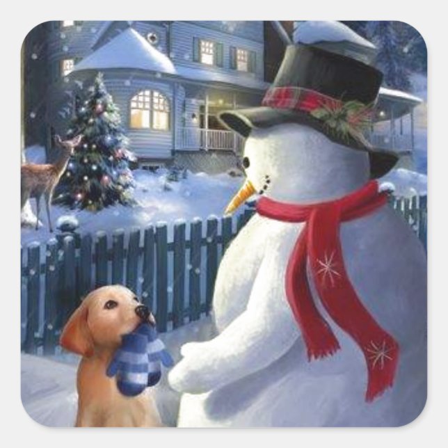 Sticker Carré Vintage Noël Snowman Et Chien (Devant)