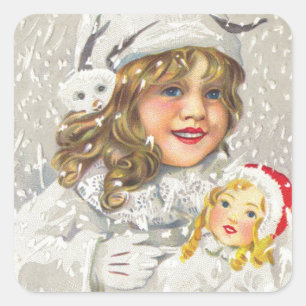 Sticker Carré Vintage Noël Victorienne fille avec poupée en neig