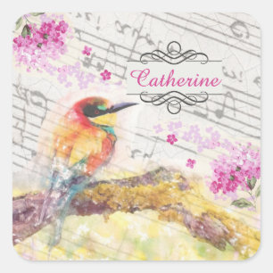 Sticker Carré Vintage oiseau sur les fleurs roses de l'arbre déc