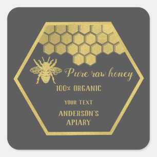 Sticker Carré Vintage or abeille miel peigne miel pot
