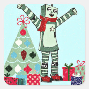 Sticker Carré Vintage Pastel Holiday Robot Boy, Tree, & Venin
