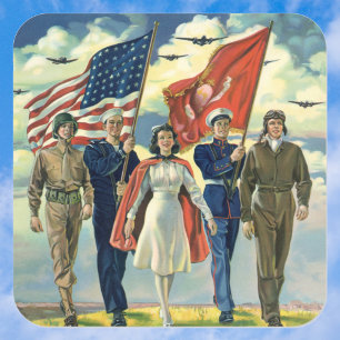 Sticker Carré Vintage Patriotique, Fiers Héros du personnel mili