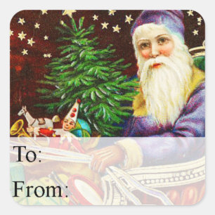 Sticker Carré Vintage Père Noël Dans Sa Balise Cadeau Sleigh