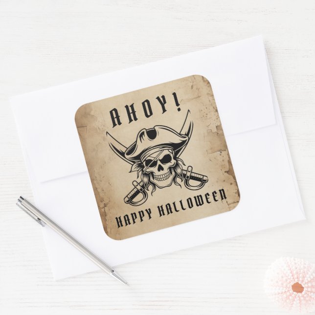 Sticker Carré Vintage Pirate Skull Halloween   (Enveloppe)