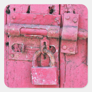 Sticker Carré Vintage porte en bois rose et serrure mignon rusti