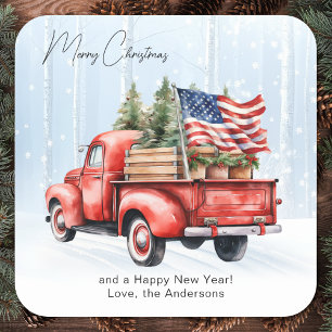 Sticker Carré Vintage RedTruck USA Drapeau Patriotique Noël