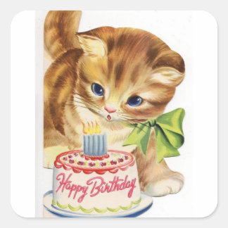 Sticker Carré Vintage Retro Cat Kitten Anniversaire Gâteau Salut