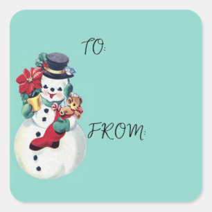 STICKER CARRÉ VINTAGE RETRO NOËL SNOWMAN