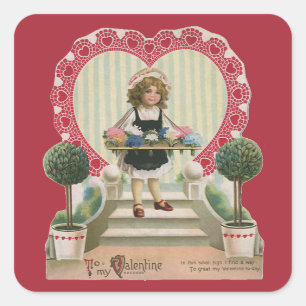 Sticker Carré Vintage Saint Valentin, Fille aux Fleurs