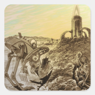 Sticker Carré Vintage Science Fiction Aliens Planète Constructio