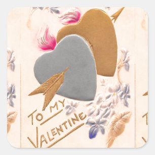 Sticker Carré Vintage Silver & Gold Hearts Valentine Postcard