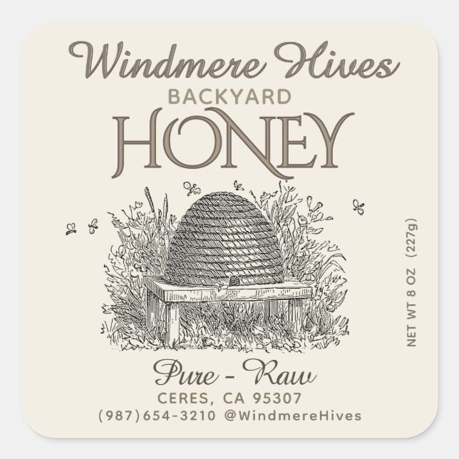 Sticker Carré Vintage Skep and little bees 8oz Honey Bear label (Devant)