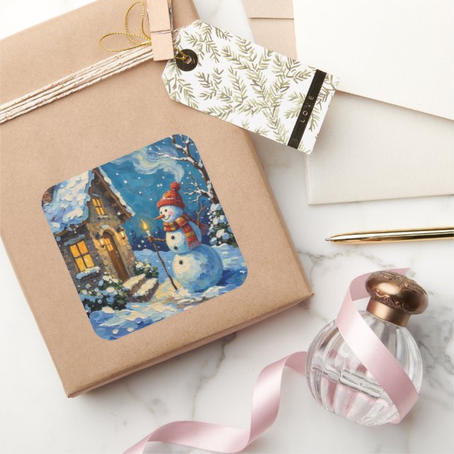 Sticker Carré Vintage Snowman by Candlelit Christmas Cottage (Cadeaux)