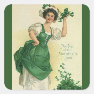 Sticker Carré Vintage St. Patrick's Day Irish Lass avec Clovers