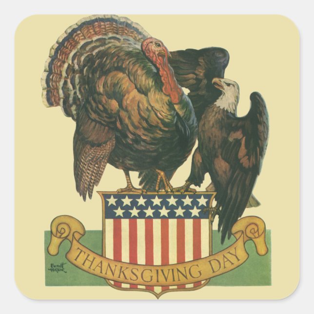 Sticker Carré Vintage Thanksgiving Turquie, aigle, drapeau améri (Devant)