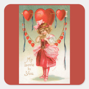 Sticker Carré Vintage Valentines Day, Victorian Girl with Heart