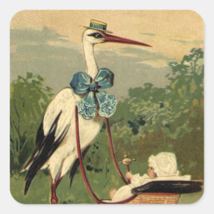 Sticker Carré Vintage Victorian Stork and Baby Carrie