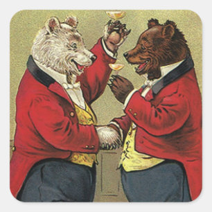 Sticker Carré Vintage victorien ours heureux, gais, dansants