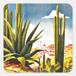 Sticker Carré Vintage voyage de cactus du Mexique