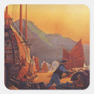 Sticker Carré Vintage voyage, planez au-dessus des jonques à Hon