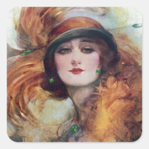 Sticker Carré Vintage Woman Portrait 20s Flop Casquette Art