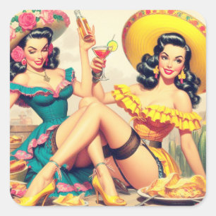 Sticker Carré Vintages Filles Sombrero