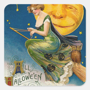 Sticker Carré Vintahe Halloween sorcière Lune Vacances autocolla