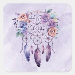 Sticker Carré Violet Dreamcatcher et Fleurs Baby shower fille