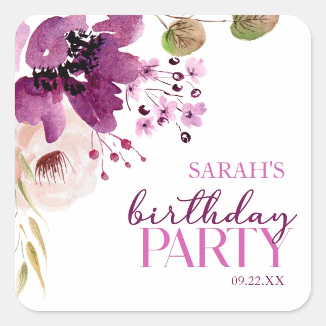Sticker Carré Violet Magenta Purple Floral fête d'anniversaire (Devant)