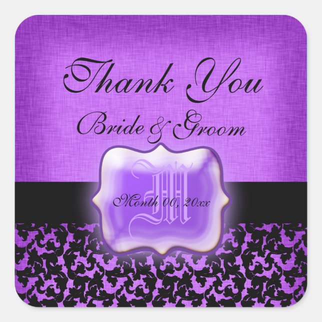Sticker Carré Violet noir "merci" mariage damask (Devant)