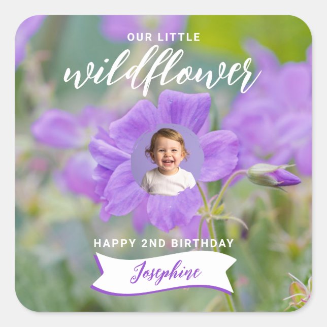 Sticker Carré Violet Wildflower Custom Photo Happy Birthday (Devant)