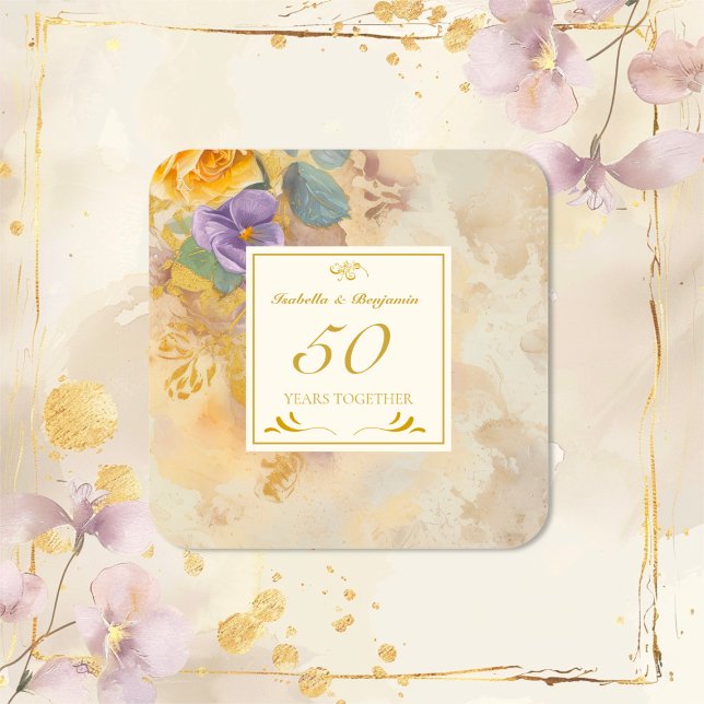 Sticker Carré Violets Rose d'or 50e anniversaire de Mariage (Gold Roses and Violets 50th Wedding Anniversary Stickers)