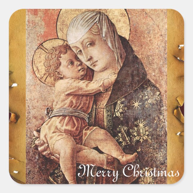 STICKER CARRÉ VIRGIN ET ENFANT MERRY CHRISTMAS PARCHEMENT (Devant)