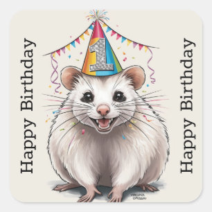 Sticker Carré Virginia Opossum portant le casquette d'anniversai