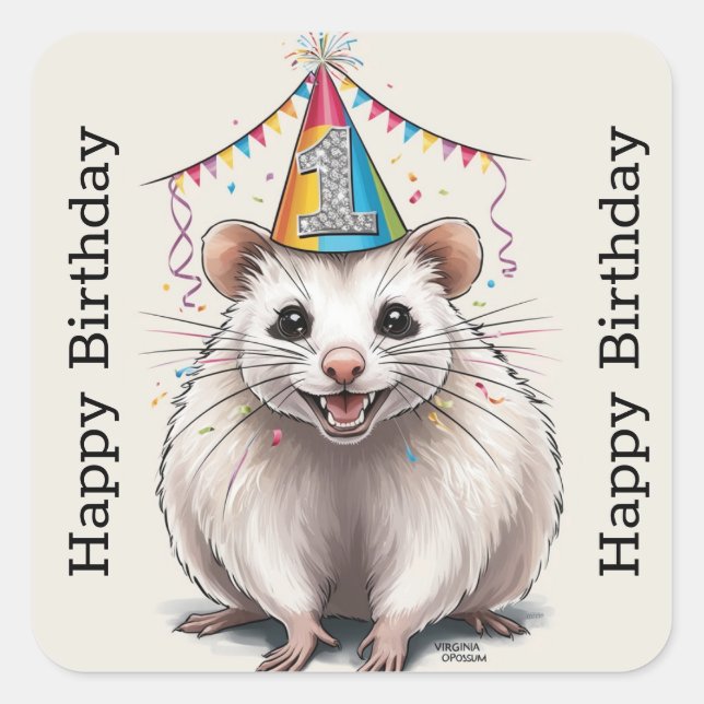 Sticker Carré Virginia Opossum portant le casquette d'anniversai (Devant)