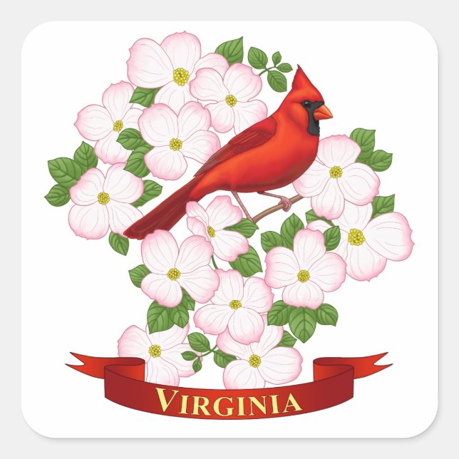 Sticker Carré Virginie State Cardinal Bird and Dogwood Flower (Devant)
