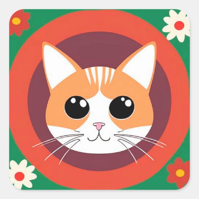 Sticker Carré Visage de Chat Mignon Illustration Vibrante (Devant)