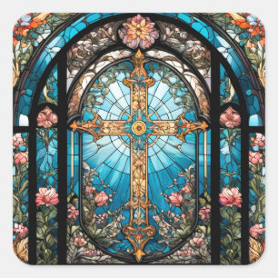 Sticker Carré Vitrail Jésus sur croix avec fleurs