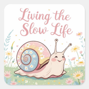 Sticker Carré Vivre une vie lente Pastel Floral Snail